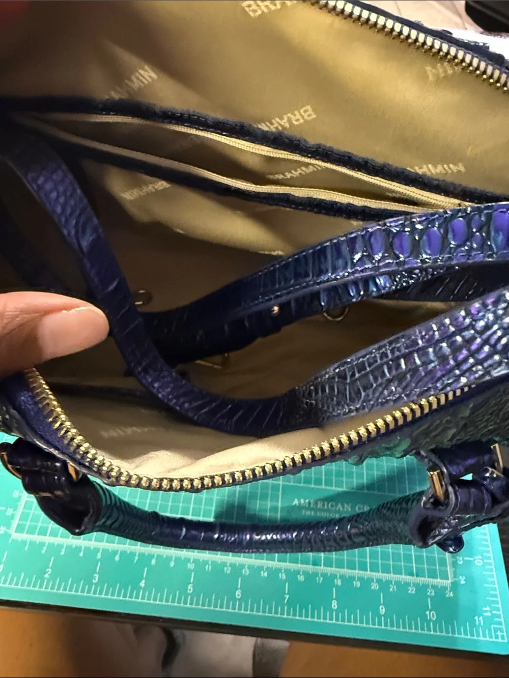 Brahmin Iridescent Purple and Green Croc-Embossed Satchel